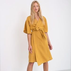 Mustard yellow Linen wrap dress